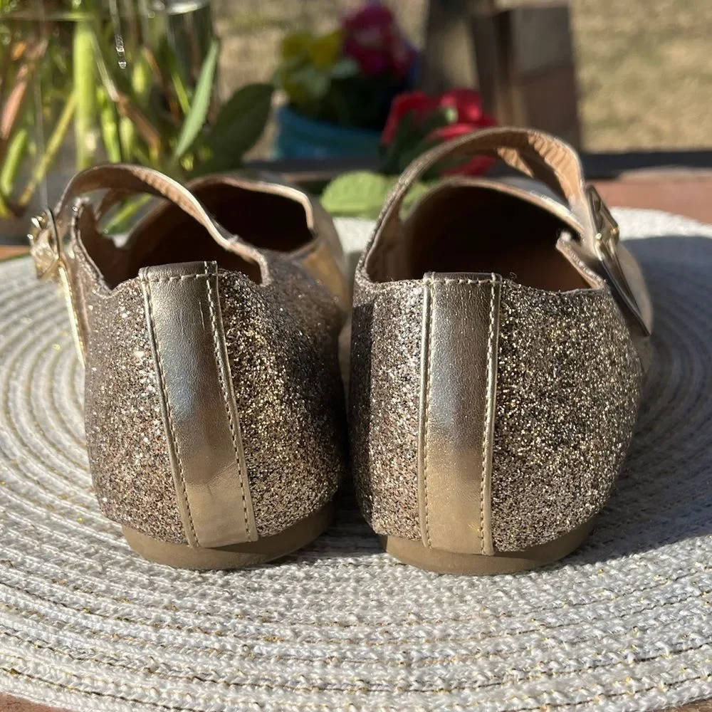 🔥4/$25 American Eagle Girls Gold Metallic Glitter Mary Jane Flats Size 5